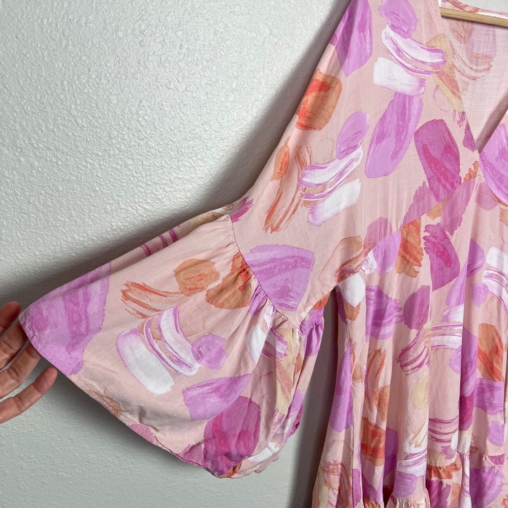 Label of Love Pink Abstract Brushstroke V-Neck Bell Sleeve Mini Dress Large - Picture 4 of 7